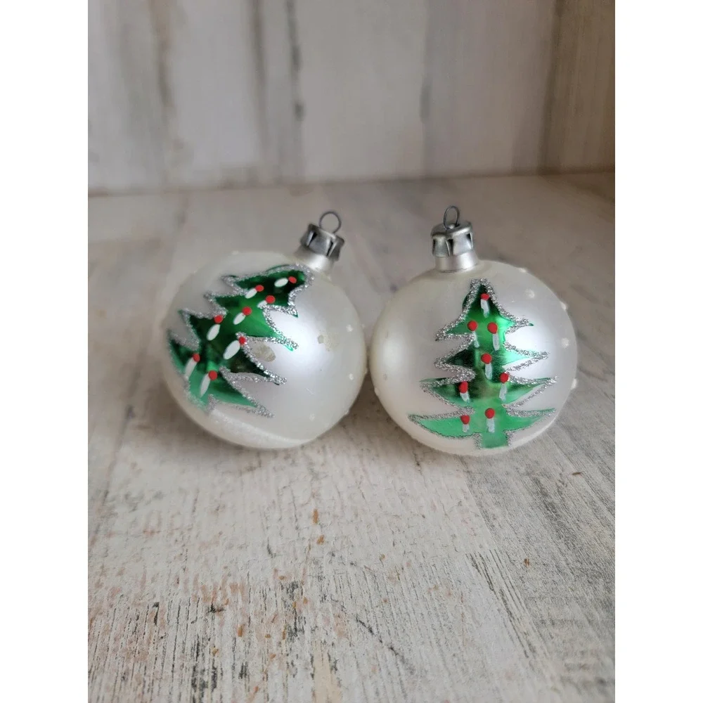 Vintage mini Xmas tree ball glass glitter ornament set unique silver